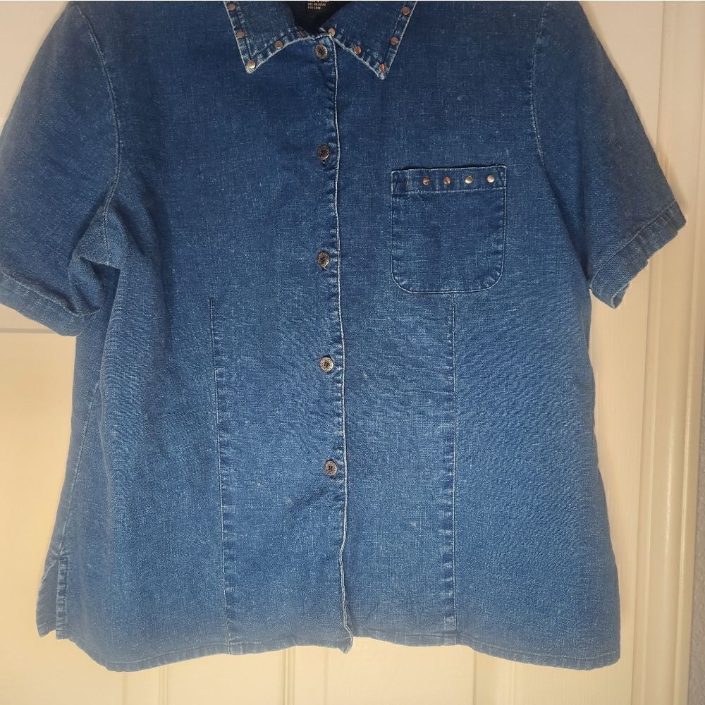Vntg Requirements L LINEN COTTON ShrtSlv Pocket ButtonUp Blue Denim Women Shirt